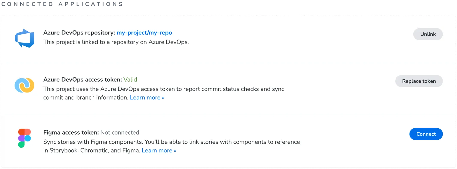 The Connected applications section of the Manage screen, showing a linked Azure DevOps repository named my-project/my-repo with an Unlink button, and a valid Azure DevOps access token with a Replace token button